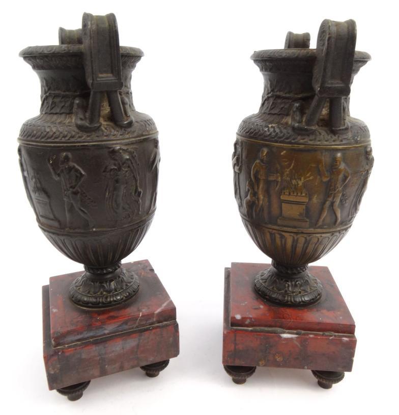 Pair of bronze urns decorated with classical scenes mounted on red marble bases, 23.5cm high : For - Image 5 of 6