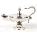 Novelty silver Aladdin's lamp oil table lighter with serpent handle, Sheffield 1930-31 : For