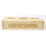 Oriental Chinese ivory glove box carved with panels of scenes, 26cms wide : For Condition Reports