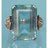 Unmarked white metal large blue stone, ruby and diamond ring, possibly aquamarine, size P,