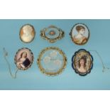 Collection of Victorian and later brooches including porcelain and enamelled examples, hardstone