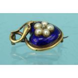 Victorian unmarked gold love heart and blue enamelled serpent mourning brooch set with pearls and