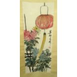 Shibai Lou - Oriental Chinese watercolour scroll of a lantern and flowers, signature mark, 83cms x