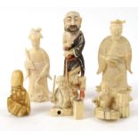 Collection of oriental carved ivory figures and Netsukes, the largest 8cm high : For Condition