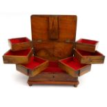 Middle Eastern olive wood divisional workbox with carved Mosque decoration to the lid, 17cm high x