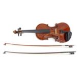 Old wooden violin bearing Paul Bailey label, the back 37cm long, together with two bows : For