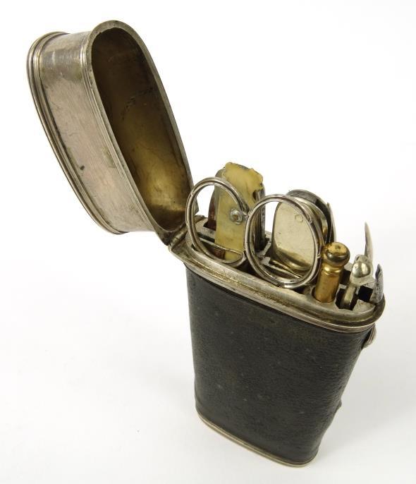 Victorian cased etui including scissors, folding fork, penknife, miniature spoons, etc, 10cm - Image 2 of 6