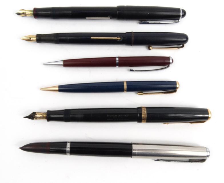 Six fountain pens comprising Swan self-filler, two Parkers, Osmiroid 65 , together with two other