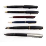 Six fountain pens comprising Swan self-filler, two Parkers, Osmiroid 65 , together with two other
