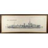 Military interest C.F. Best 1929 watercolour of HMS Shakespeare, housed in an oak frame, 100cm x