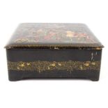 Russian red lacquer box decorated with knights, signiature to lid, 12cm square : For Condition