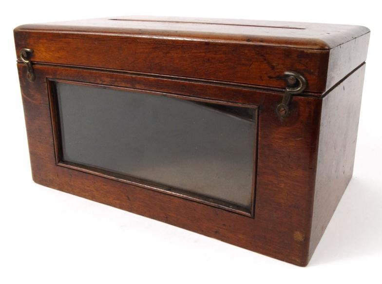 Mahogany glass fronted letterbox with paper label to the interior for the Telegraph Office, 26cm