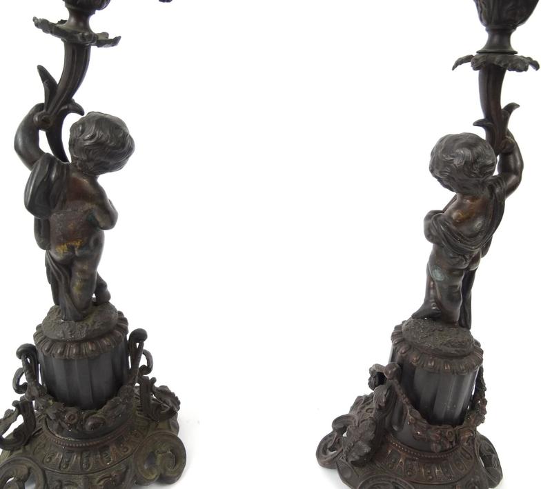 Pair of Victorian bronze cherub candelabra with putti supports, 45cm high : For Condition Reports - Image 7 of 8