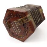 Louis Lachenal burr walnut 26-button concertina with brass inlay, numbered 13472, manufactured in