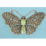 Silver marcasite butterfly brooch set with green and red stones, 5cm long, approximate weight 10.