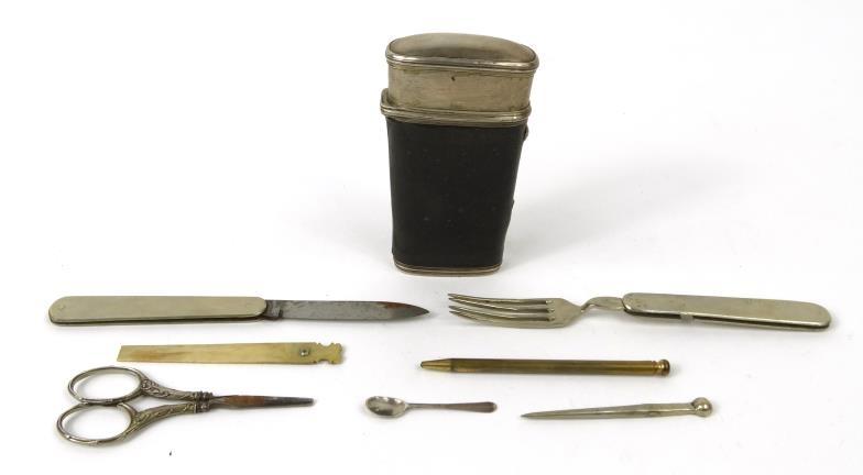 Victorian cased etui including scissors, folding fork, penknife, miniature spoons, etc, 10cm