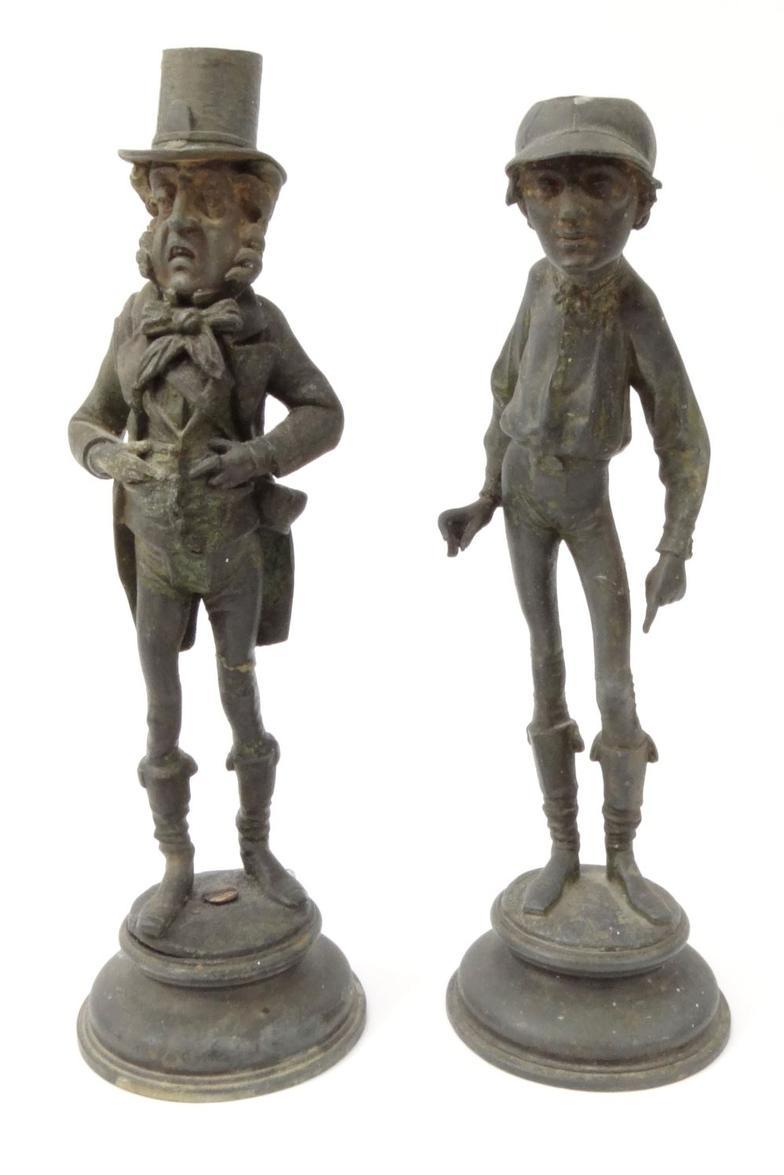 Pair of Victorian novelty spelter candlesticks in the form of a jockey and gentleman, the jockey