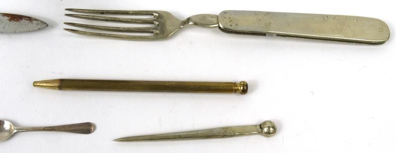 Victorian cased etui including scissors, folding fork, penknife, miniature spoons, etc, 10cm - Image 6 of 6