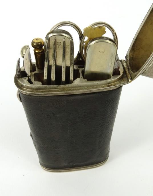 Victorian cased etui including scissors, folding fork, penknife, miniature spoons, etc, 10cm - Image 3 of 6