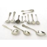 Collection of silver spoons and a pair of sugar tongs : For Condition Reports please visit www.