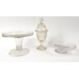 Victorian cut glass pot and cover, together with two antique glass tazzas, the largest 18cm high