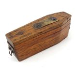 Victorian wooden treen coffin shaped trick snuff box, the sliding compartments finally revealing a