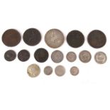 Small selection of antique and later coins including George III 1820 silver crown, cartwheel