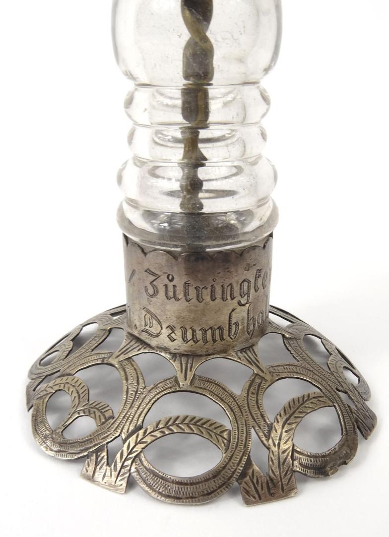 Religious interest unmarked silver Holy water sprinkler, inscribed to the base, 22cm high : For - Image 5 of 7