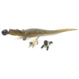 Novelty alligator pencil holder, miniature lead black baby and dog, the alligator 21cm long : For