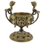 Continental painted bronze table salt set with semi precious stones, 12cm high : For Condition