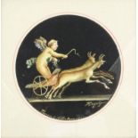 Italian circular miniature watercolour of a cherub on a chariot, Pompeii C.Vettii Amorini, mounted