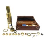 Boxed brass students microscope with lenses and slides, 25cm high : For Condition Reports Please