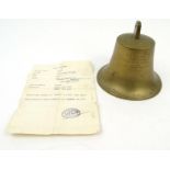 Shipping interest RMS Corsican brass bell dated 1904 along with paperwork, 14cm high : For Condition