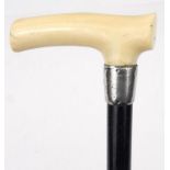 Ivory topped ebony walking cane with silver band, 94cm long : For Condition Reports Please visit