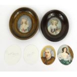 Two hand painted portrait miniatures of ladies, mounted in wooden frames, together with two unframed