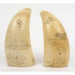 Two antique ivory scrimshaws engraved with shipping scenes, both initialled 'F.L', 12cm long : For