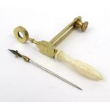 Brass folding botanical microscope with ivory handle, 9.5cm long : For Condition Reports Please