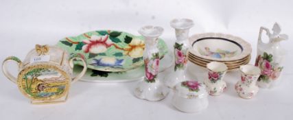 A mixed lot of china; including dressing table set, Melling Dish, Sadler teapot, Crinoline lady