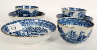 3 19th century blue & white Chinese tea cups and saucers. Decorated with court scenes and foliate
