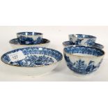 3 19th century blue & white Chinese tea cups and saucers. Decorated with court scenes and foliate