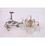 A 20th century toleware style chandelier having foliate design together with a brass chandelier