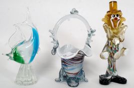 Three pieces of studio glass by Murano to include a clown, fish and a vase.