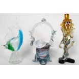 Three pieces of studio glass by Murano to include a clown, fish and a vase.