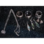 Silver; two White Metal ladies rings, hallmarked Silver rings and earrings set,