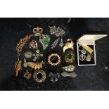 A good collection of vintage costume jewellery brooches along with some pendants