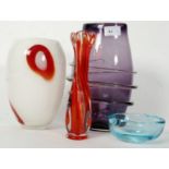 GLASS; A collection of studio glass to include a Murano style vase, blue tint glass apple dish,