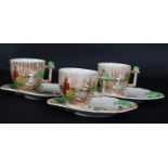 A collection of 3x Falcon Ware china teacups and decorative saucers, in a garden theme.