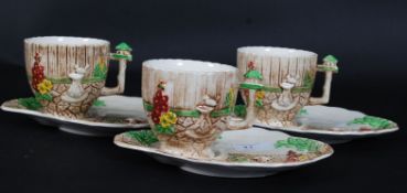 A collection of 3x Falcon Ware china teacups and decorative saucers, in a garden theme.