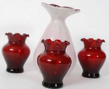 GLASS; A collection of studio glass, comprising of 3x Anchor Hocking small red glass vases,