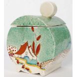 A Clarice Cliff hand painted 1930's Art Deco Bonjour shaped pot, with removable lid.